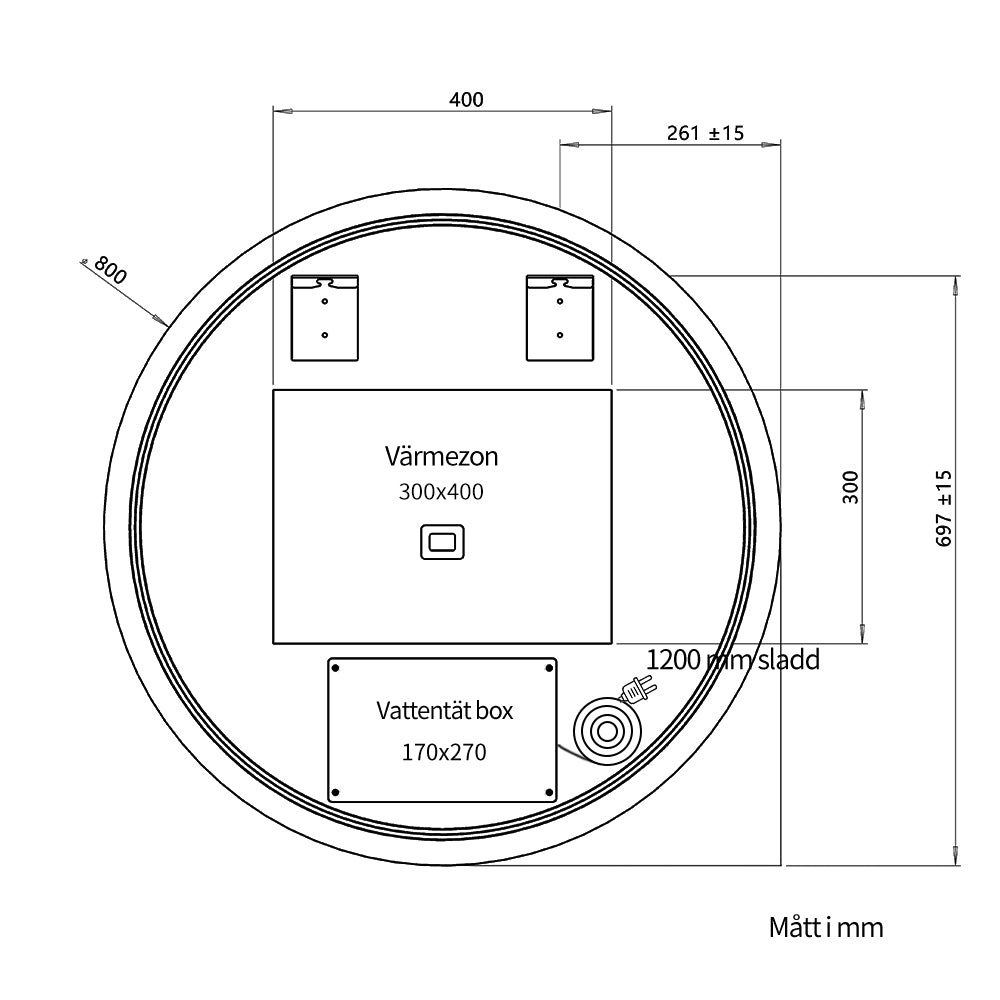 Rund spegel med LED-ljus och värme, Ø80 cm