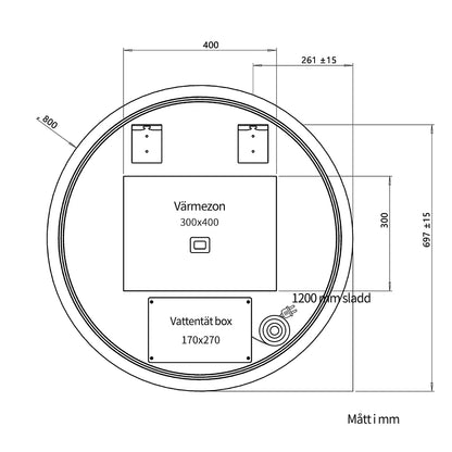 Rund spegel med LED-ljus och värme, Ø80 cm