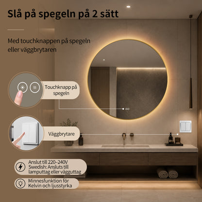 Rund spegel med LED-ljus och värme, Ø90 cm med guld ram
