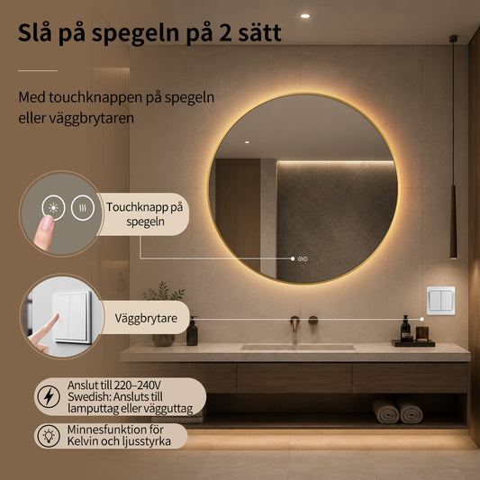Rund spegel med LED-ljus och värme, Ø90 cm med guld ram