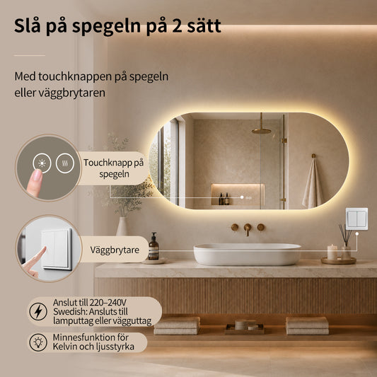 Oval spegel med LED-ljus och värme, 150x80 cm