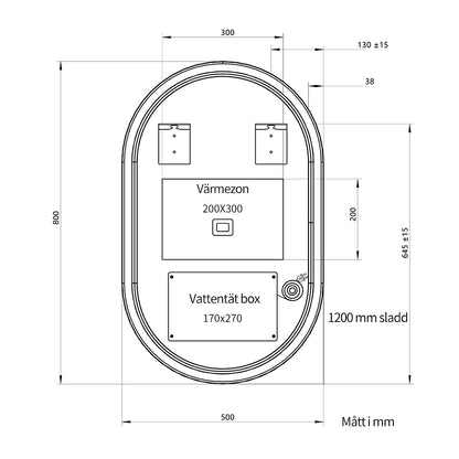 Oval spegel med LED-ljus och värme, 50x80 cm med svart ram