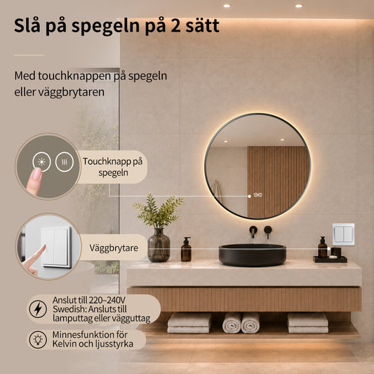 Rund spegel med LED-ljus och värme, Ø60 cm med svart ram