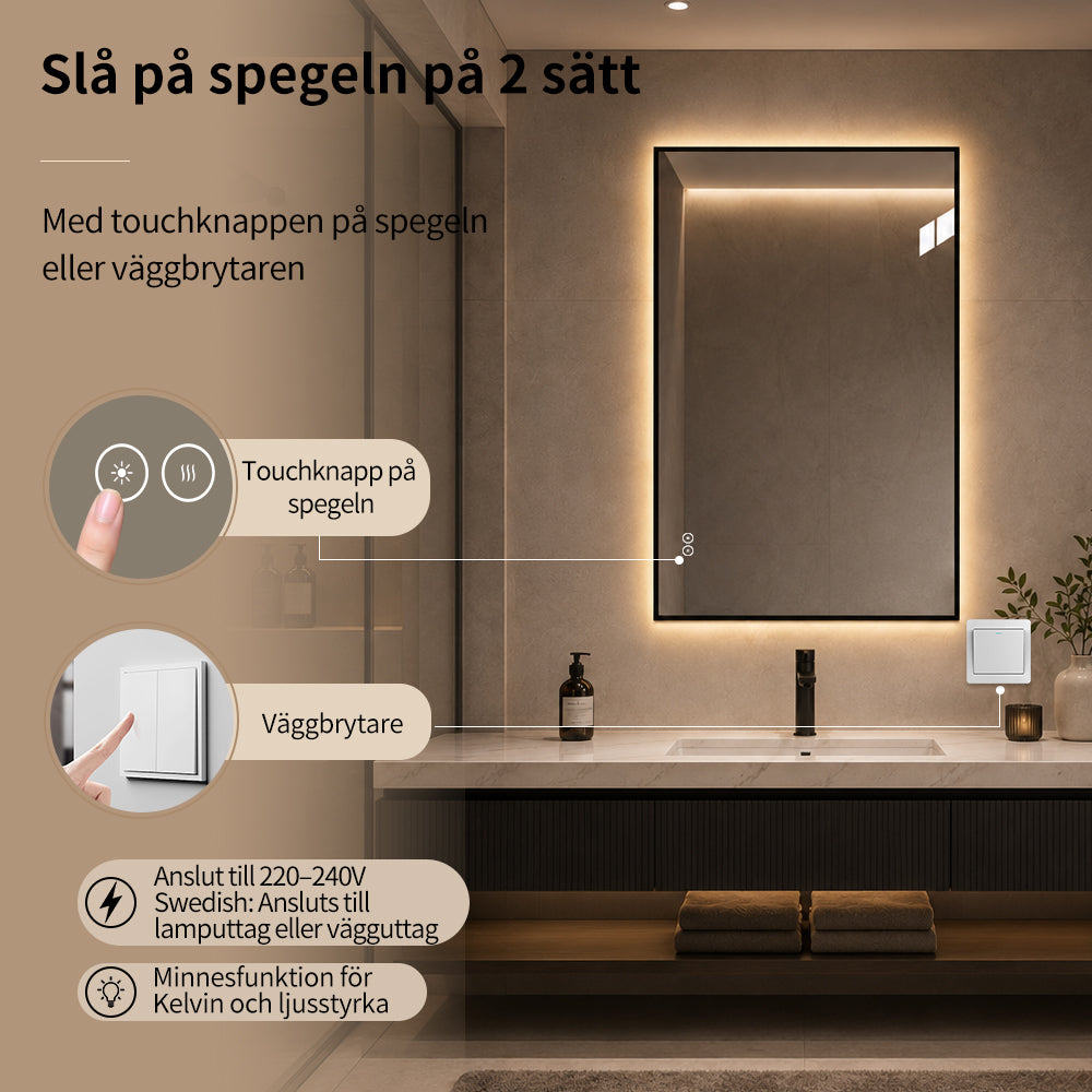 Rektangulär spegel med LED-ljus och värme, 80x120 cm - Svart ram 90º