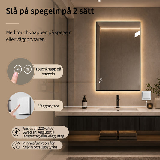 Rektangulär spegel med LED-ljus och värme, 80x120 cm - Svart ram 90º