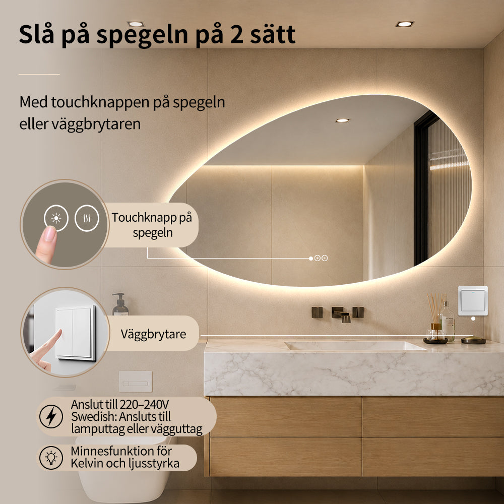 Asymmetrisk spegel med LED-ljus och värme, 120x75 cm (Högervänd)