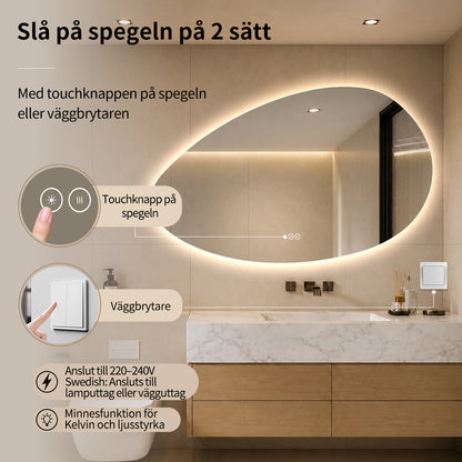 Asymmetrisk spegel med LED-ljus och värme, 120x75 cm (Högervänd)