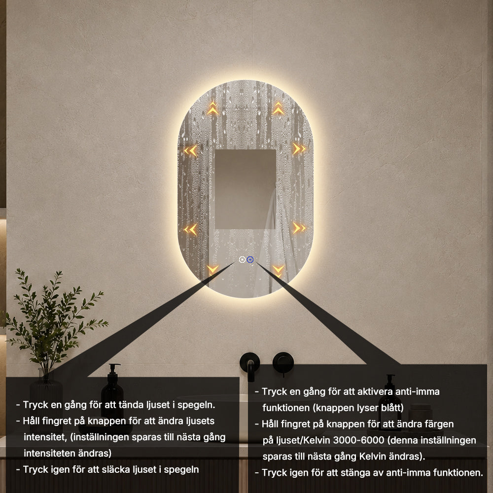 Oval spegel med LED-ljus och värme, 50x80 cm