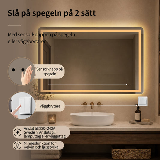 Fyrkantig spegel med Frontlight LED-ljus och värme 120x80 cm