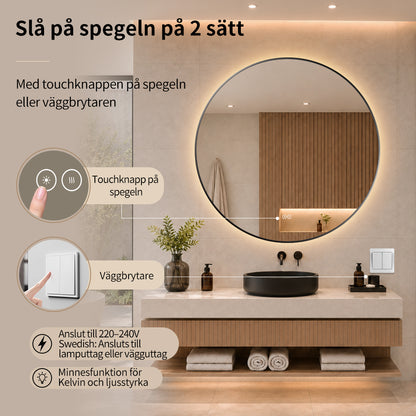 Rund spegel med LED-ljus och värme, Ø100 cm med svart ram