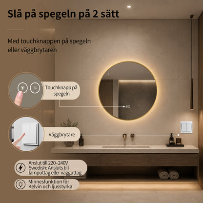 Rund spegel med LED-ljus och värme, Ø60 cm med guld ram