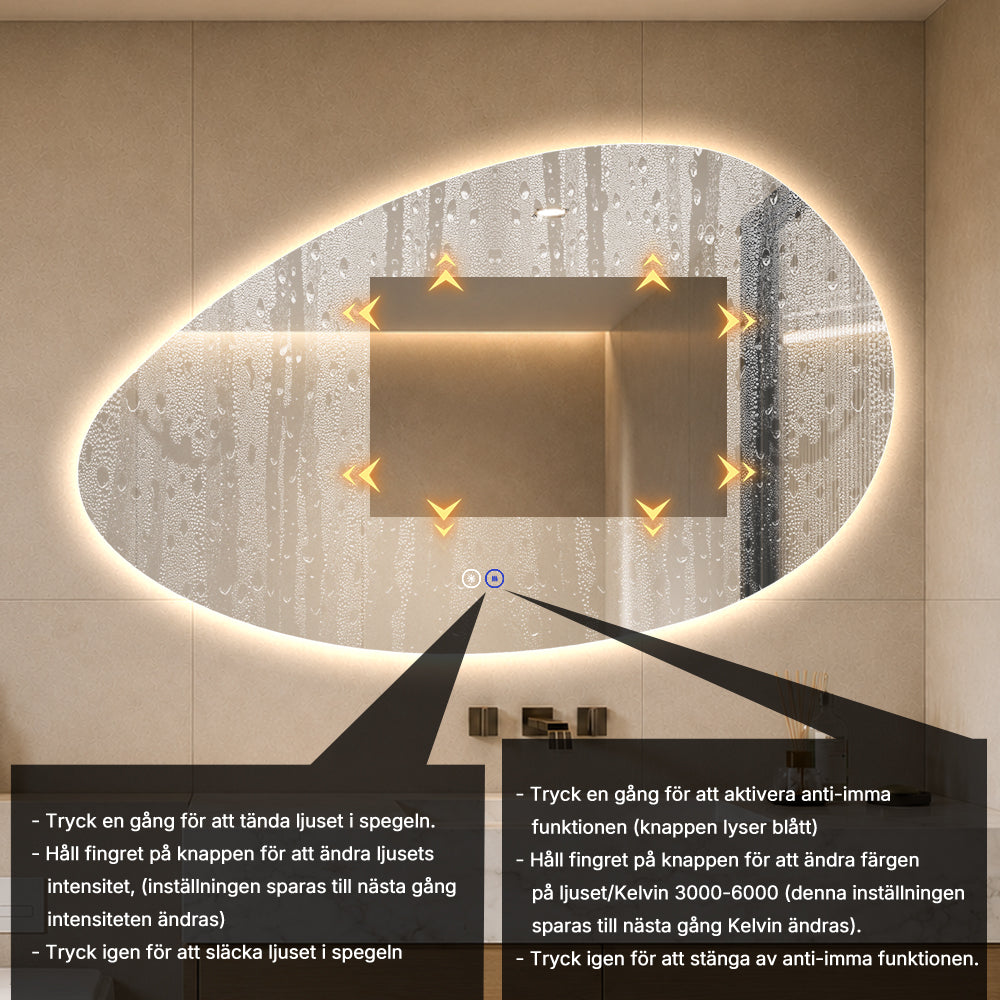 Asymmetrisk spegel med LED-ljus och värme, 120x75 cm (Högervänd)