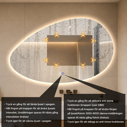 Asymmetrisk spegel med LED-ljus och värme, 120x75 cm (Högervänd)