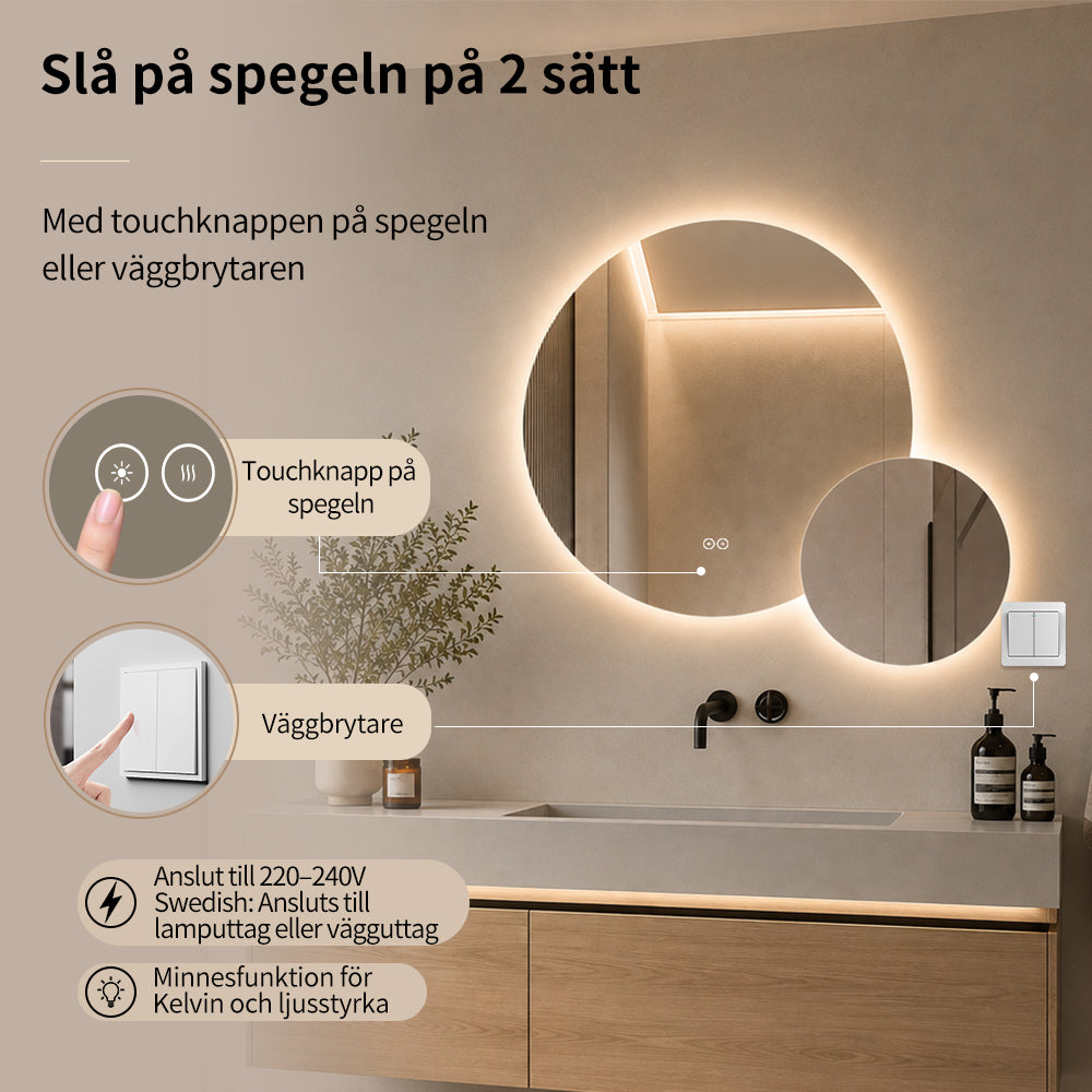 Dubbelspegel med LED-ljus och värme, Ø80 + Ø40 cm (Vänstervänd)
