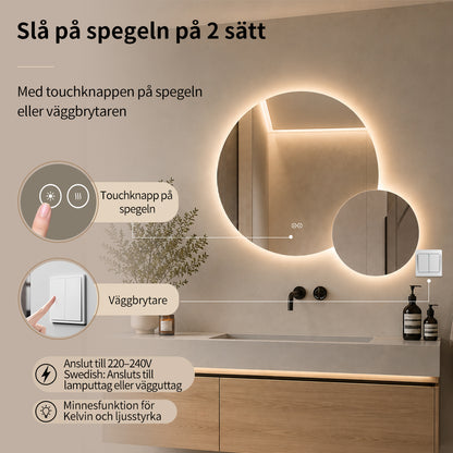 Dubbelspegel med LED-ljus och värme, Ø80 + Ø40 cm (Vänstervänd)