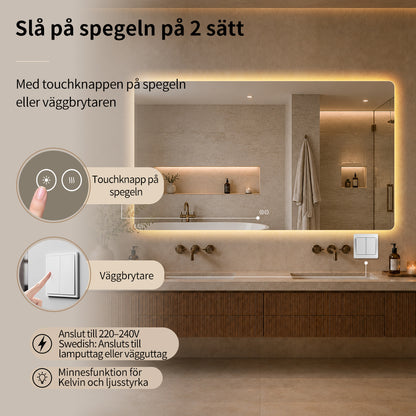 Rektangulär spegel med LED-ljus och värme, 140x80 cm