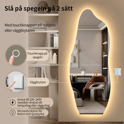 Asymmetrisk helkroppsspegel med LED-ljus för vägg 60x165 cm