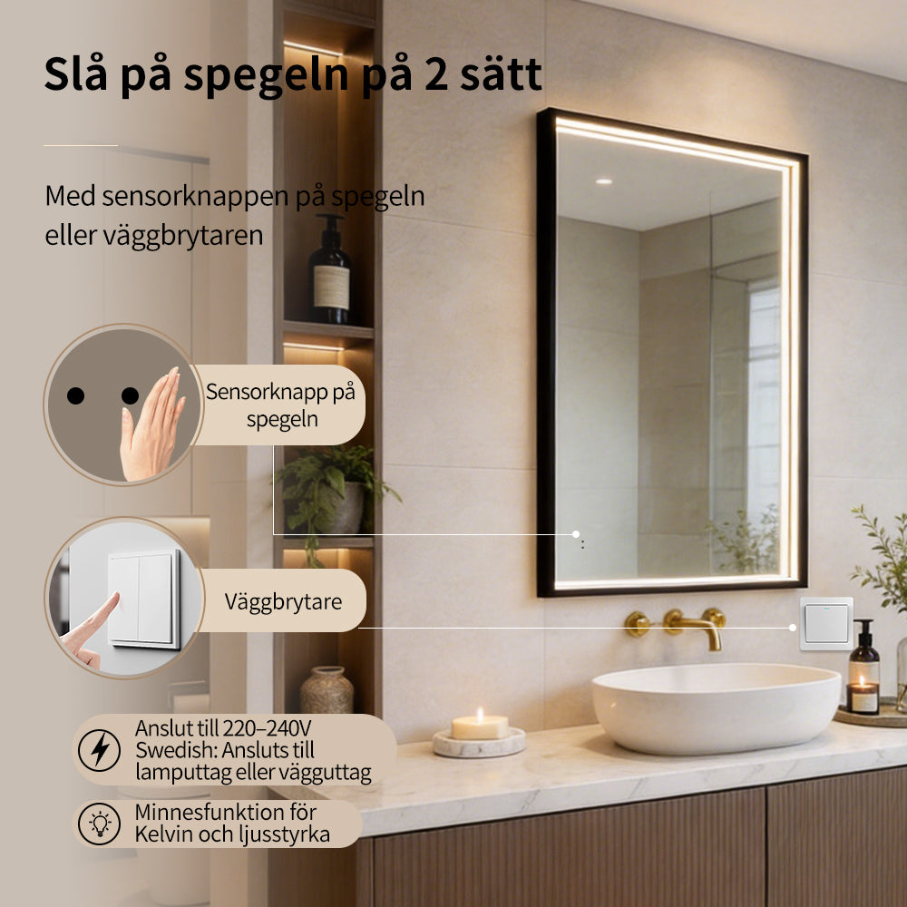 Fyrkantig spegel med LED-ljus i ram och värme 80x120 cm, svart ram