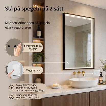 Fyrkantig spegel med LED-ljus i ram och värme 80x120 cm, svart ram