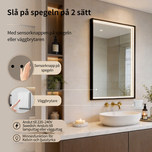 Fyrkantig spegel med LED-ljus i ram och värme 80x120 cm, svart ram