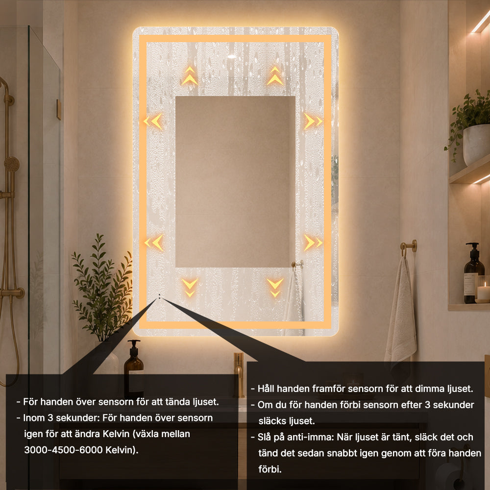 Fyrkantig spegel med Frontlight LED-ljus och värme 80x120 cm