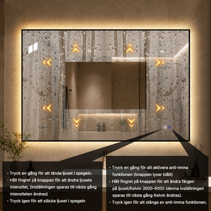 Rektangulär spegel med LED-ljus och värme, 120x80 cm - Svart ram 90º