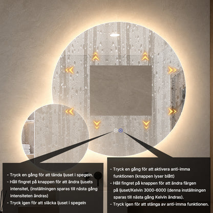 Dubbelspegel med LED-ljus och värme, Ø80 + Ø40 cm (Högervänd)