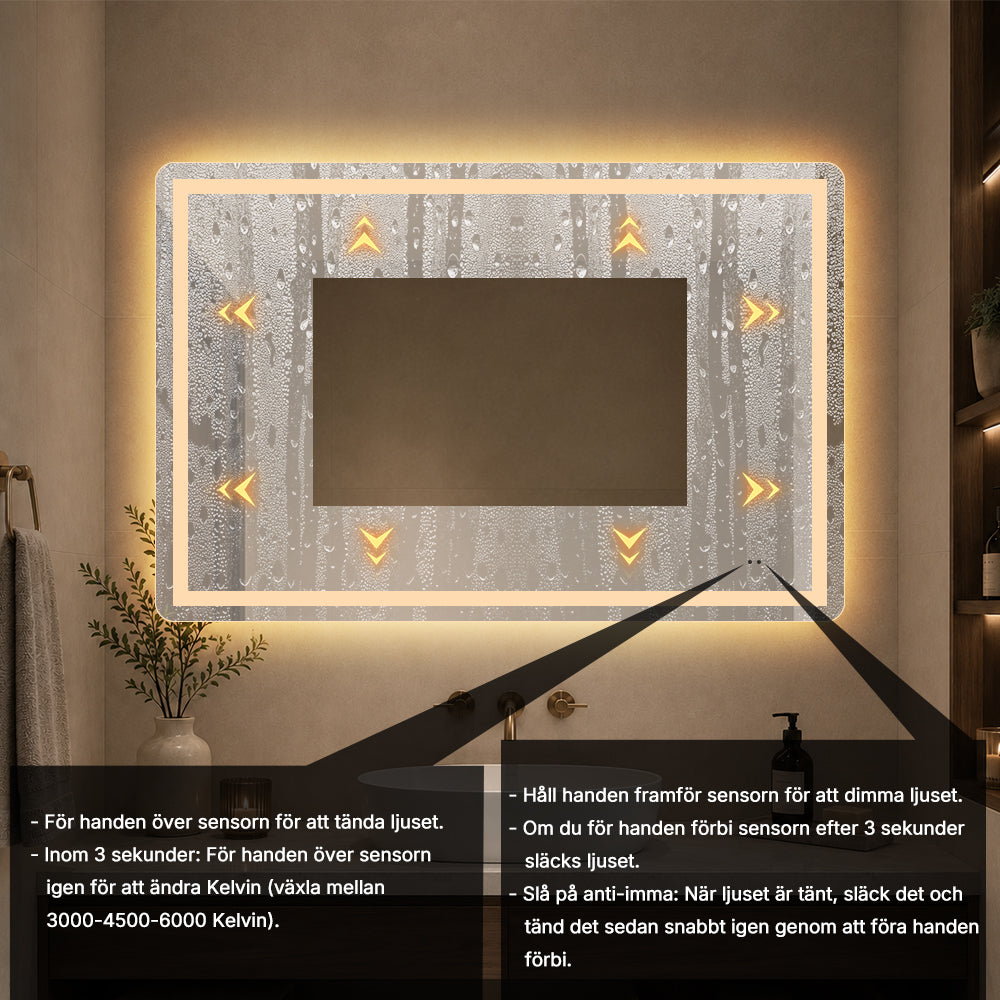 Fyrkantig spegel med Frontlight LED-ljus och värme 120x80 cm