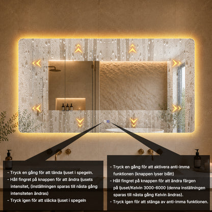 Rektangulär spegel med LED-ljus och värme, 150x80 cm