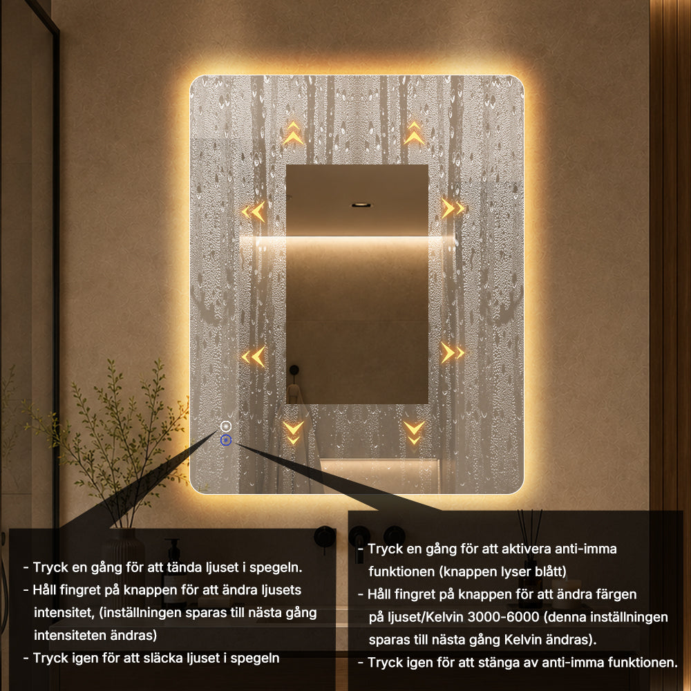 Rektangulär spegel med LED-ljus och värme, 80x100 cm