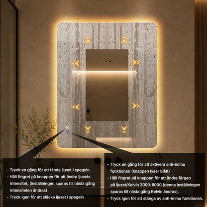 Rektangulär spegel med LED-ljus och värme, 80x100 cm