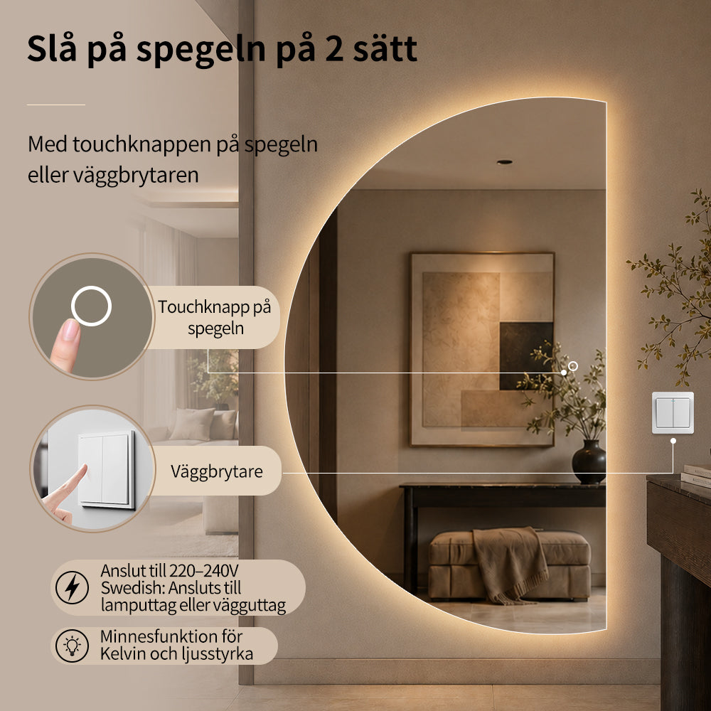 Halvmåne Spegel med LED-ljus 120x200 cm (vänstervänd)