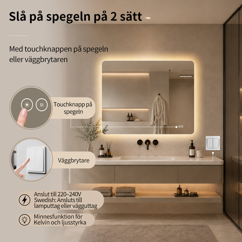 Rektangulär spegel med LED-ljus och värme, 100x80 cm