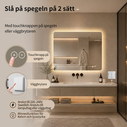 Rektangulär spegel med LED-ljus och värme, 100x80 cm