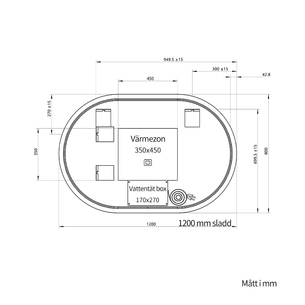 Oval spegel med LED-ljus och värme, 120x80 cm