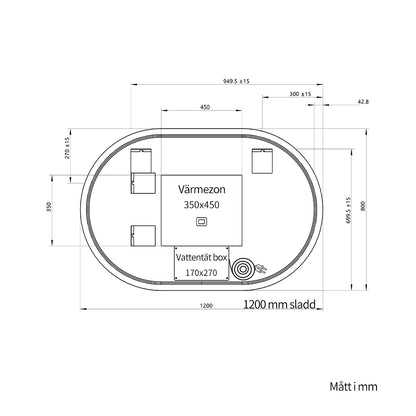 Oval spegel med LED-ljus och värme, 120x80 cm