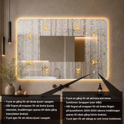 Rektangulär spegel med LED-ljus och värme, 120x80 cm