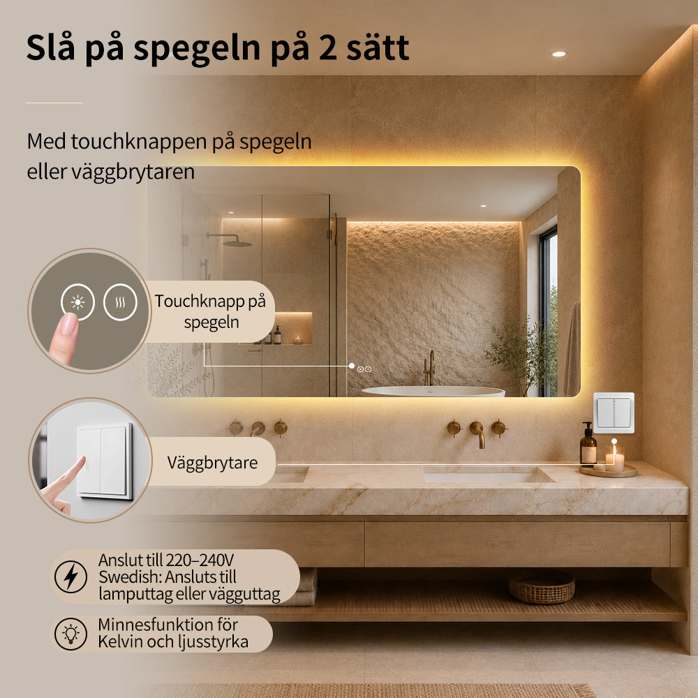 Rektangulär spegel med LED-ljus och värme, 150x80 cm