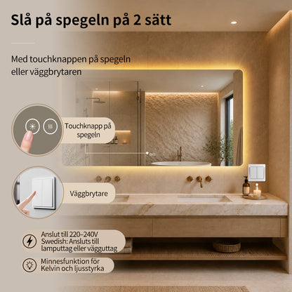 Rektangulär spegel med LED-ljus och värme, 150x80 cm