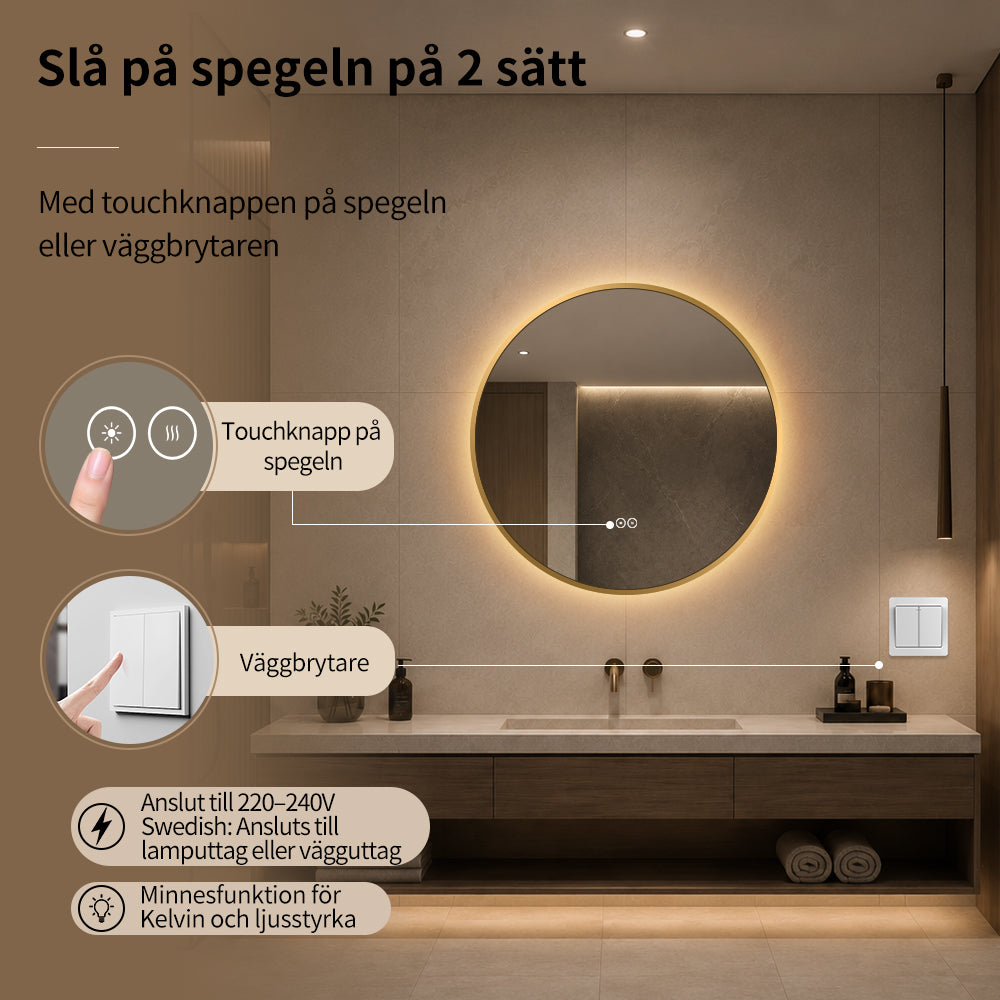 Rund spegel med LED-ljus och värme, Ø70 cm med guld ram
