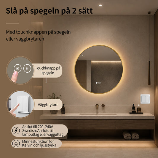 Rund spegel med LED-ljus och värme, Ø70 cm med guld ram