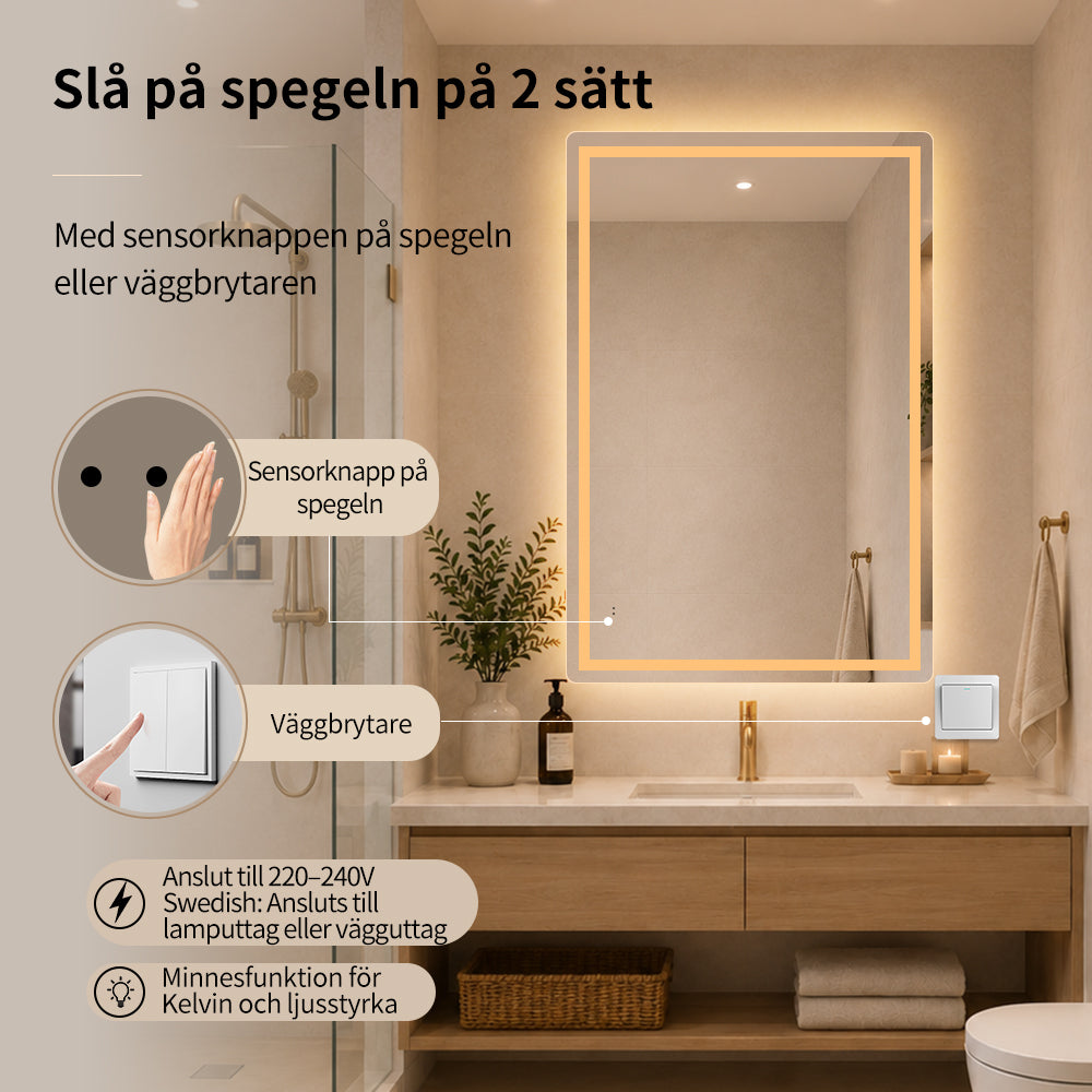 Fyrkantig spegel med Frontlight LED-ljus och värme 80x120 cm