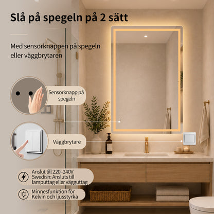 Fyrkantig spegel med Frontlight LED-ljus och värme 80x120 cm