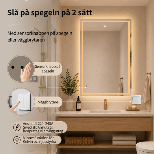 Fyrkantig spegel med Frontlight LED-ljus och värme 80x120 cm