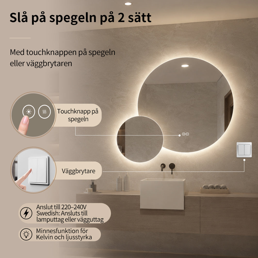 Dubbelspegel med LED-ljus och värme, Ø80 + Ø40 cm (Högervänd)