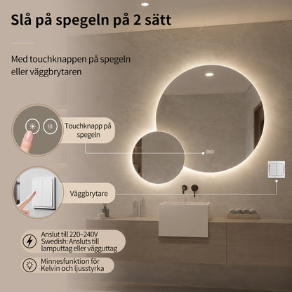 Dubbelspegel med LED-ljus och värme, Ø80 + Ø40 cm (Högervänd)