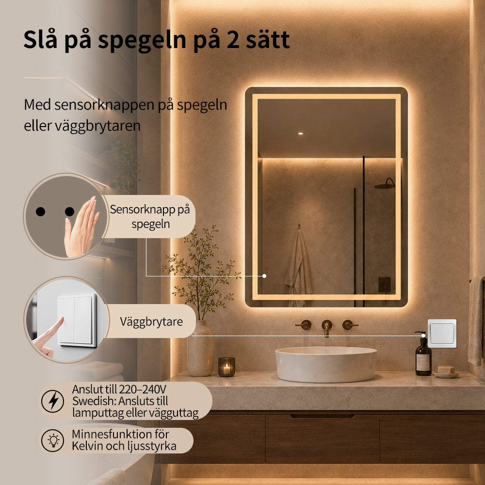 Fyrkantig spegel med Frontlight LED-ljus och värme 60x80 cm