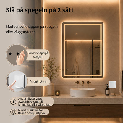 Fyrkantig spegel med Frontlight LED-ljus och värme 60x80 cm