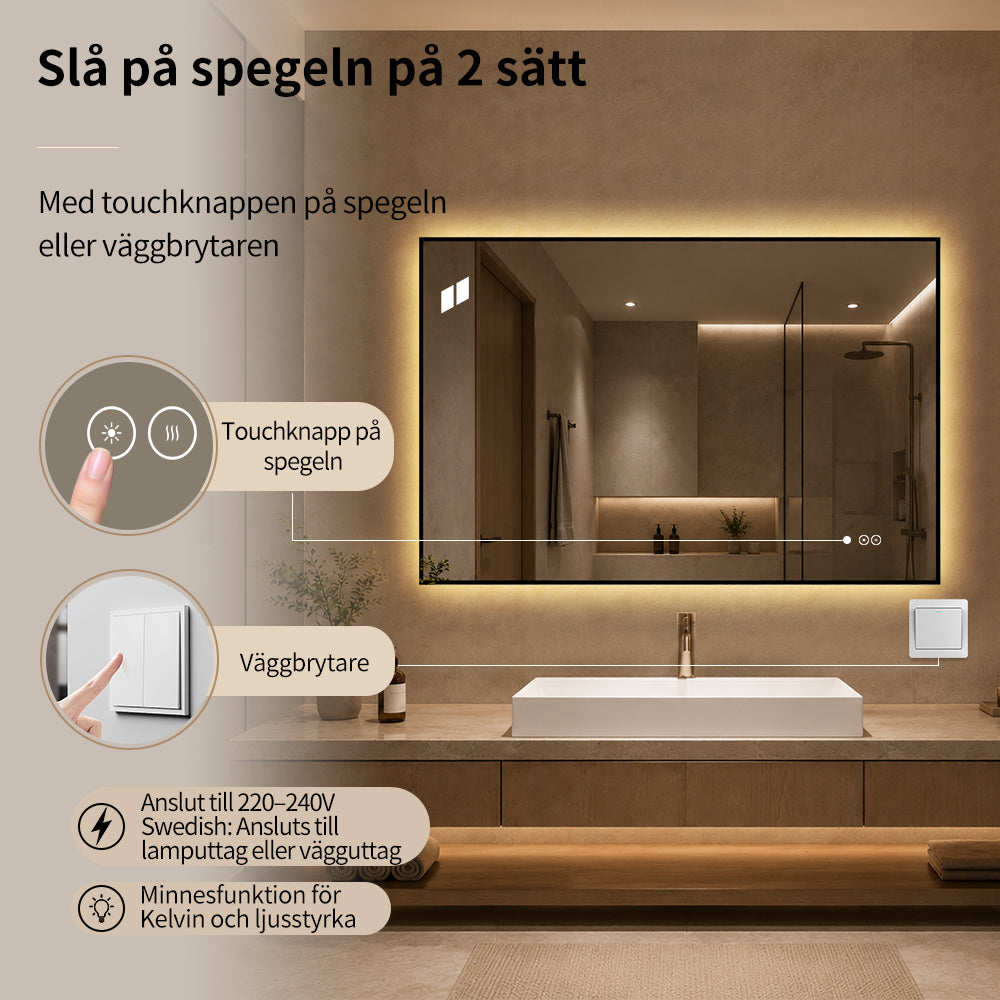 Rektangulär spegel med LED-ljus och värme, 120x80 cm - Svart ram 90º