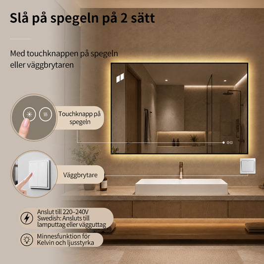 Rektangulär spegel med LED-ljus och värme, 120x80 cm - Svart ram 90º